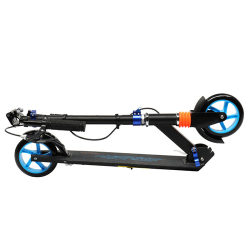 Black scooter with blue wheels, compactly folded. Features a sturdy aluminum frame and orange suspension.