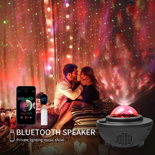 Colorful starry sky galaxy projector with Bluetooth speaker, projecting vibrant lights, and a couple enjoying the ambiance.