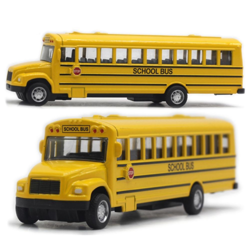 Yellow school bus model car with black stripes and 'SCHOOL BUS' lettering, made of alloy and ABS plastic.