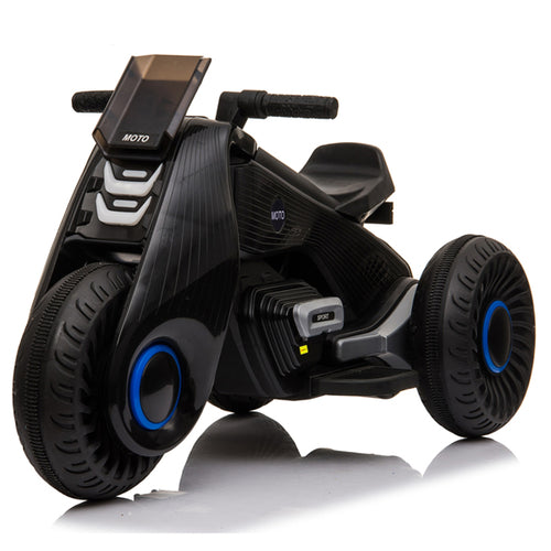 Children's Electric Motorcycle in black with sleek design, large front wheels, and blue accents; features smooth handlebar for easy grip.