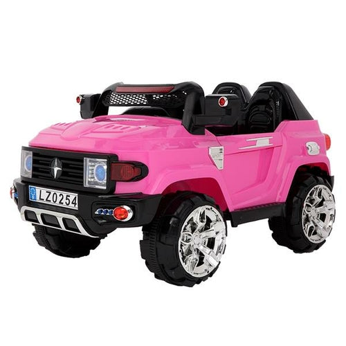 Bright pink off-road police car with chrome wheels, LED headlights, and black seat. Stylish design for kids aged 3-7.