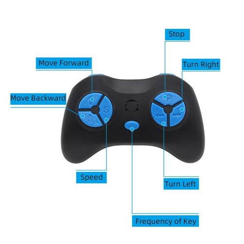 Black remote control for an off-road police car with blue buttons labeled for movement, speed, and direction.