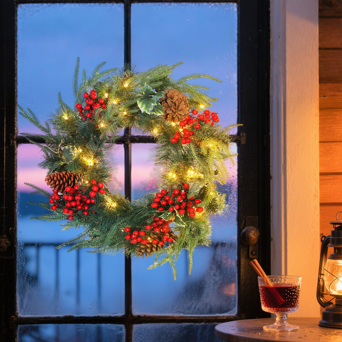 Couronne de Noël lumineuse 60 cm avec 35 LED, minuterie, 170 pointes, pommes de pin, baies, feuilles de houx, vert
