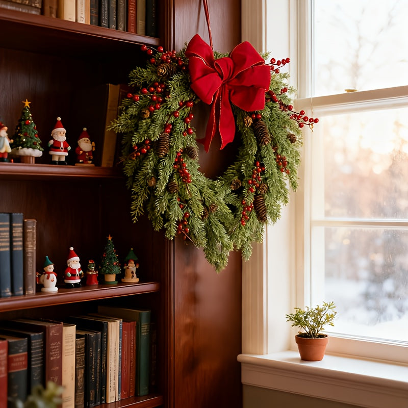 Pine Needle Red Berry Wreath with Heart Bow-1