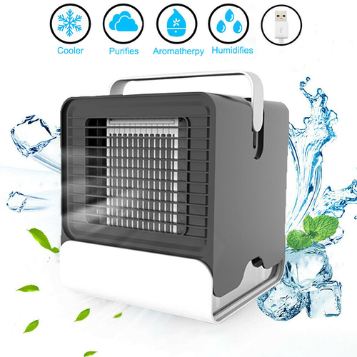 Compact USB Mini Negative Ion Cool Fan Air Conditioner in gray and white, featuring a portable handle and front grill, designed for cooling and humidifying.