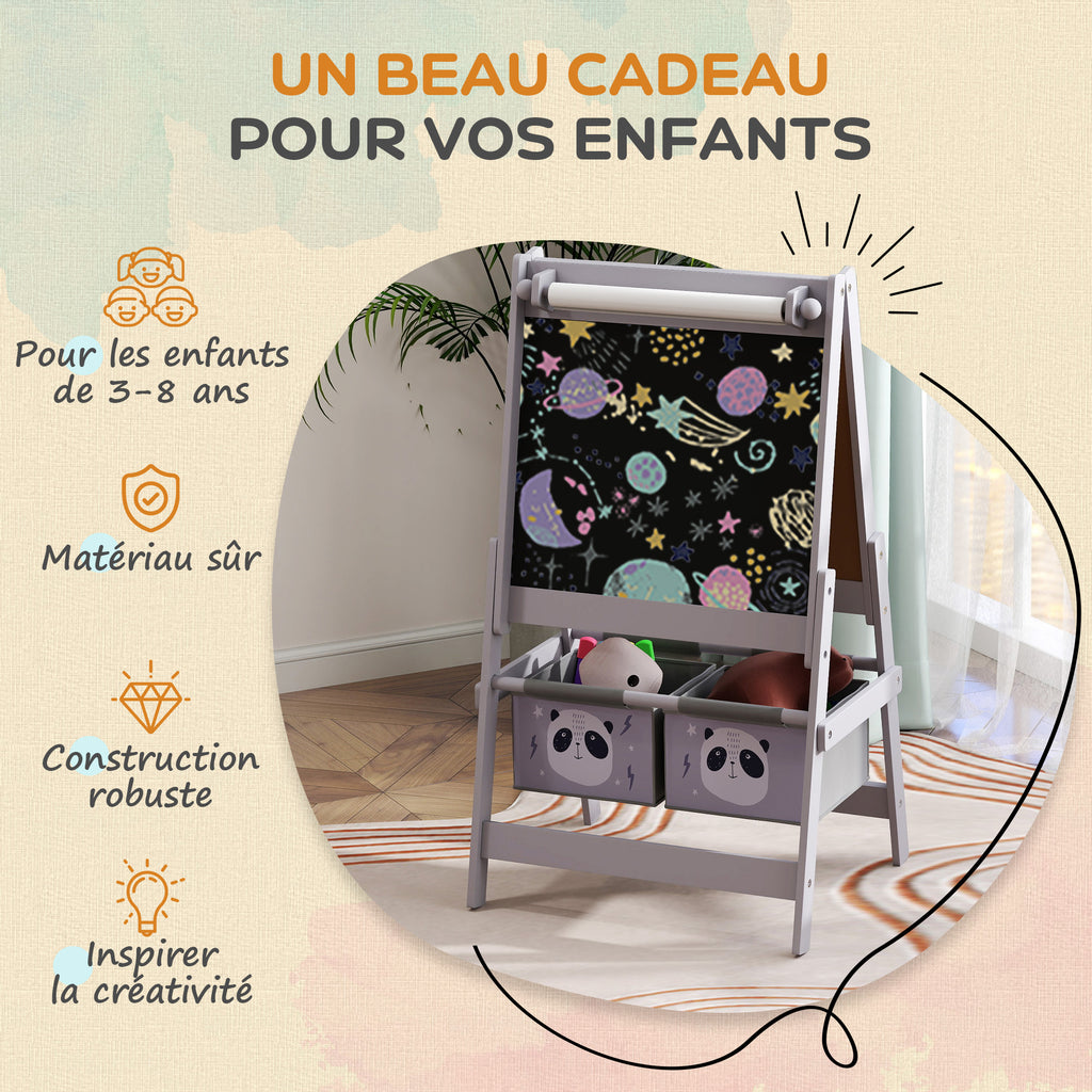 Tableau chevalet enfant ardoise double face tableau à craie rouleau papier 2 paniers 54 x 46,5 x 93 cm gris