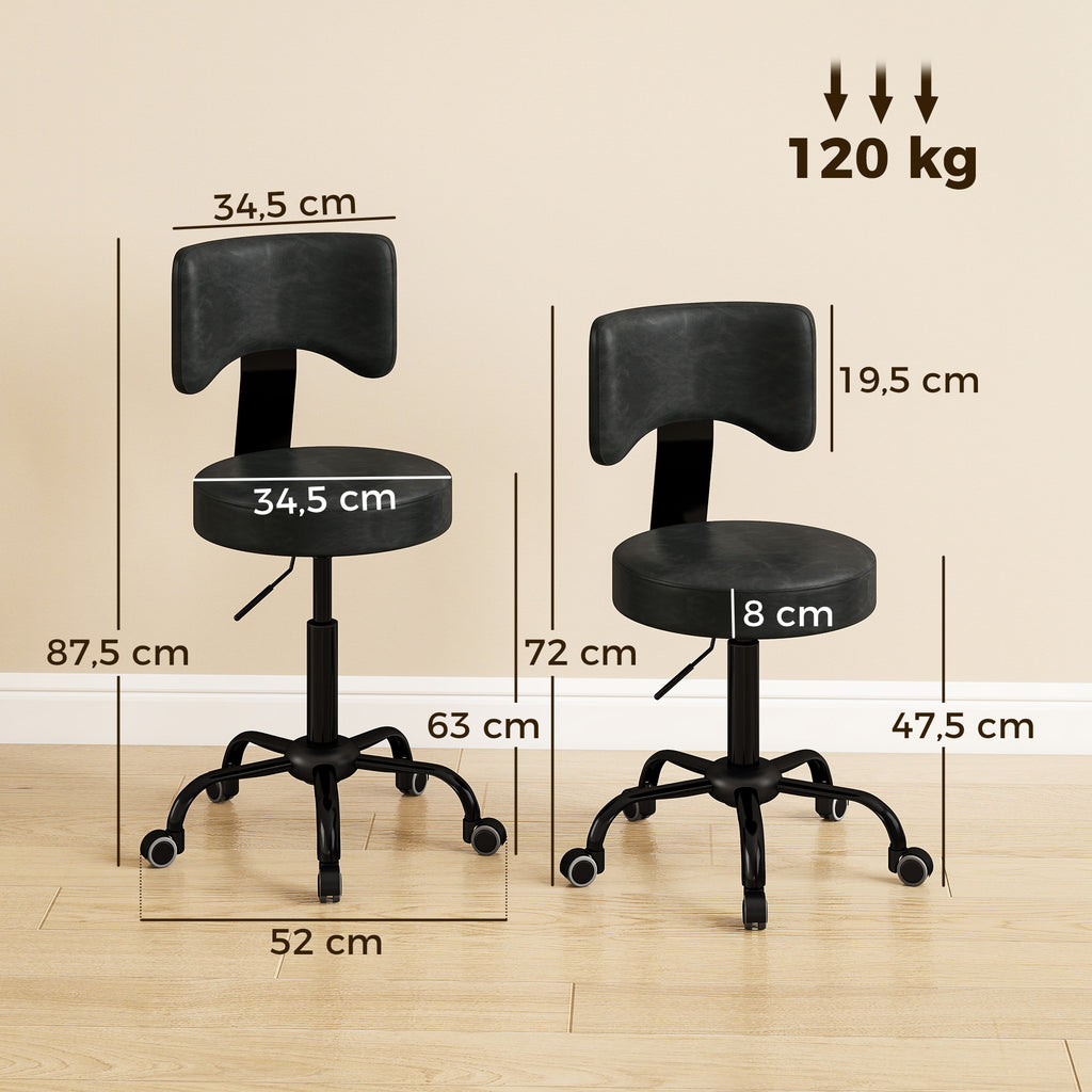 Tabouret à Roulettes, Hauteur Réglable 72-87,5cm, Tabouret de Massage Assise et Dossier Rembourrés, Pivotant 360°, Noir-2