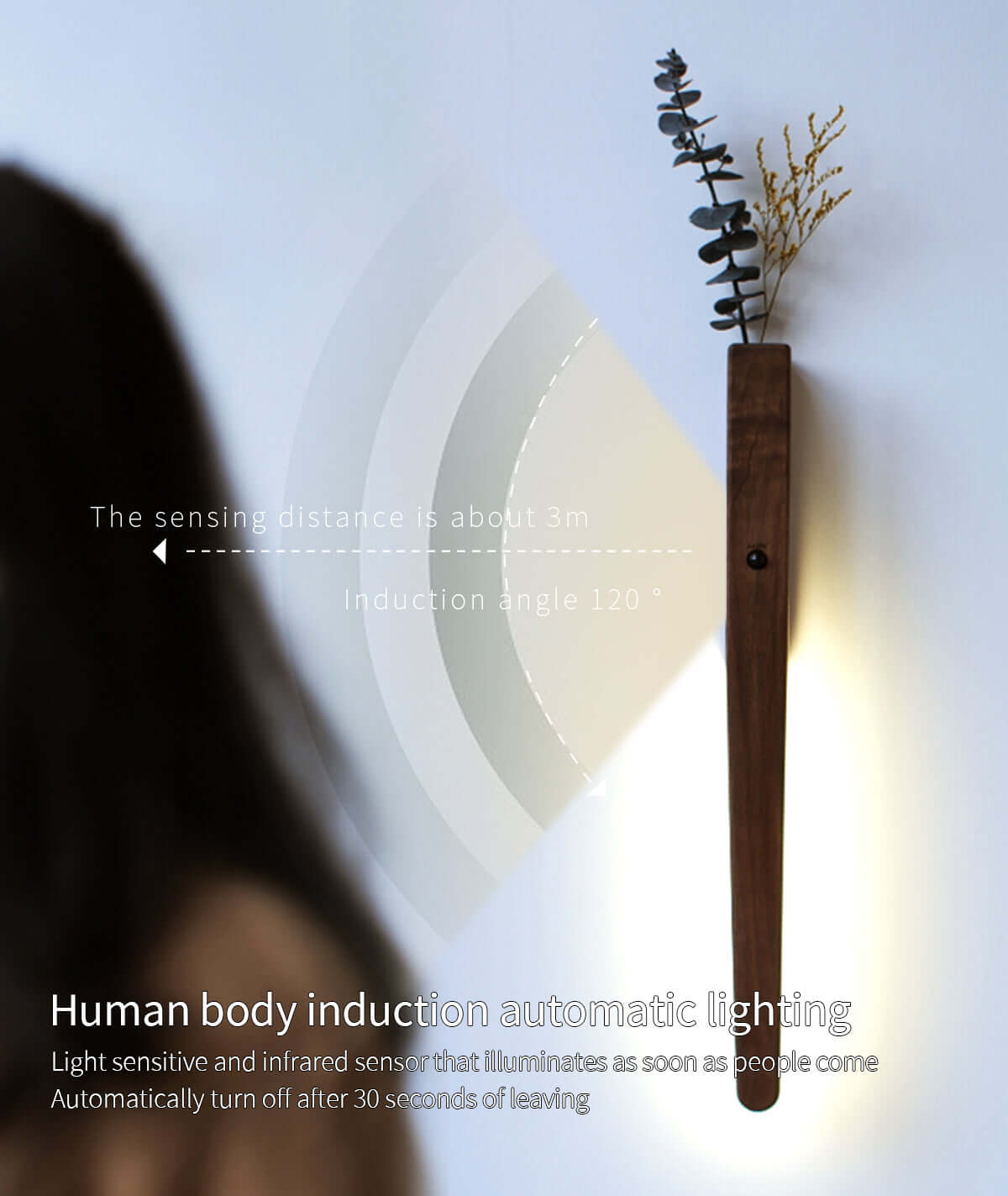 Extended Solid Wood Wall Vase Lamp with Motion Sensor-2