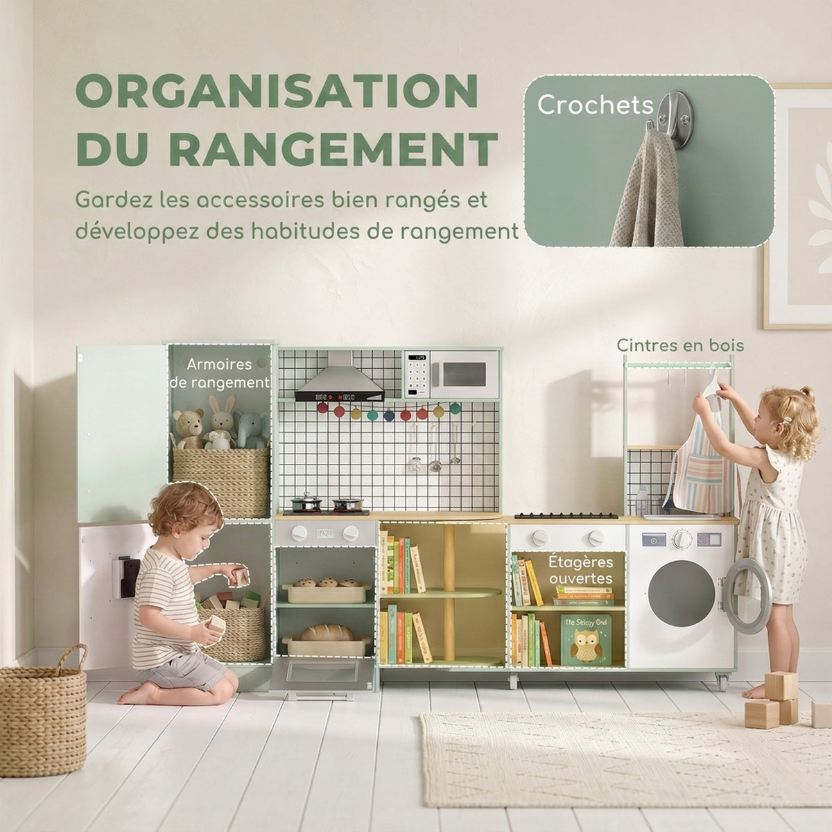 Cuisine Enfant Jouet d'Imitation, Micro-Ondes, Four, Plateau Rotatif sur Roulettes, 160x32x97,5cm, Vert Clair