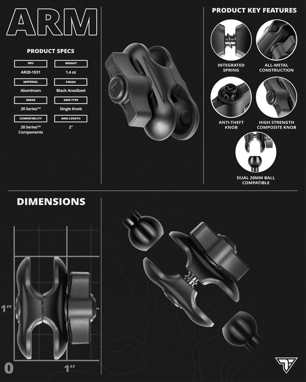BLACK 20 SERIES 2" LONG SINGLE ANTI-THEFT KNOB ARM-1