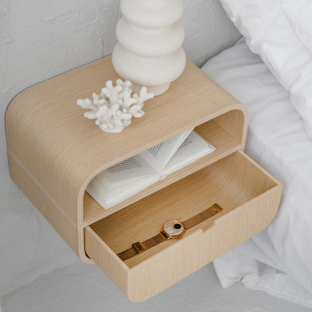Floating Nightstand with Drawer, Minimalist Wall Mounted Oak Bedside Table-2
