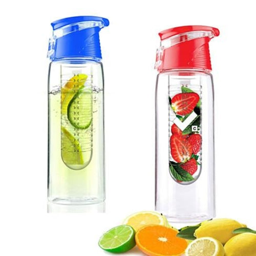 Two fruit infuser drink bottles in transparent design, one with blue cap and lime, the other with red cap and strawberries.