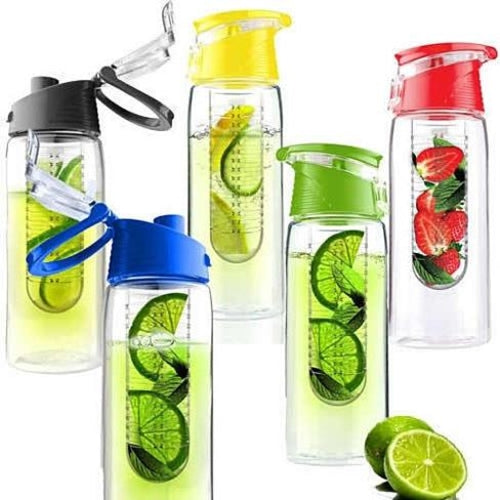 Colorful fruit infuser drink bottles in various colors: black, blue, green, yellow, and red, each filled with fruit slices.