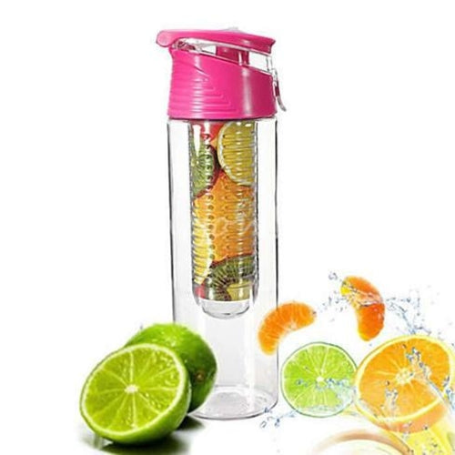 Clear fruit infuser drink bottle with a bright pink flip top cap and built-in straw, filled with colorful fruits.