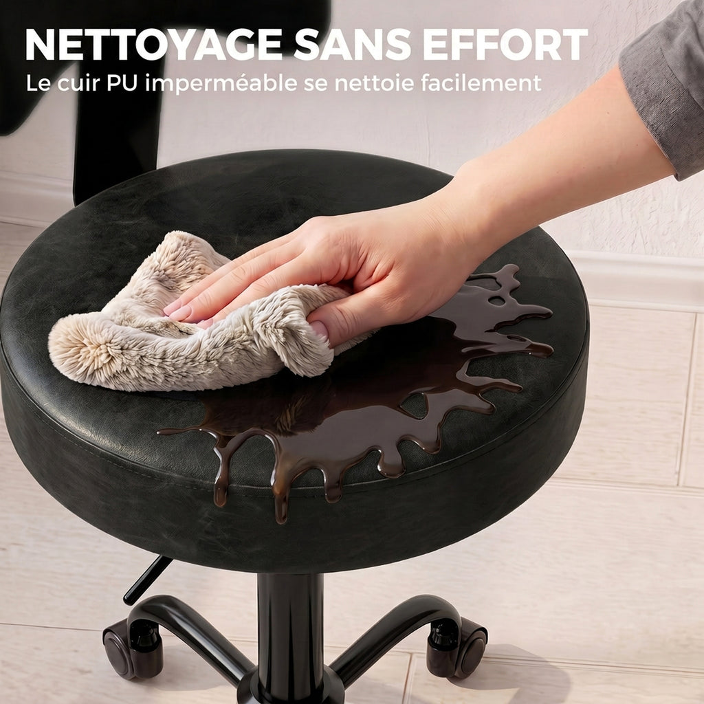 Tabouret à Roulettes, Hauteur Réglable 72-87,5cm, Tabouret de Massage Assise et Dossier Rembourrés, Pivotant 360°, Noir-6