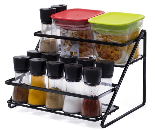 2-tier spice rack in black metal, featuring glass jars with black lids and colored containers in red and green for storage.