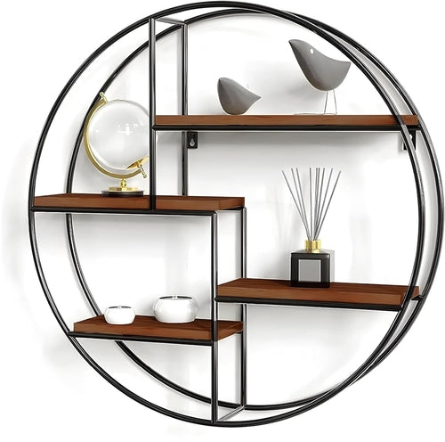 Round black metal wall shelf with wooden shelves, featuring decorative items like a globe and vases, ideal for storage and décor.