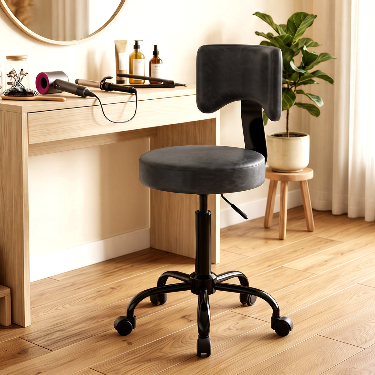 Tabouret à Roulettes, Hauteur Réglable 72-87,5cm, Tabouret de Massage Assise et Dossier Rembourrés, Pivotant 360°, Noir-8