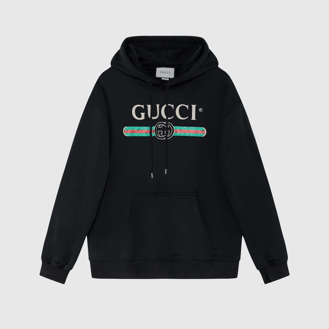 Svart unisexhoodie med Gucci-motiv och röda och gröna detaljer framtill