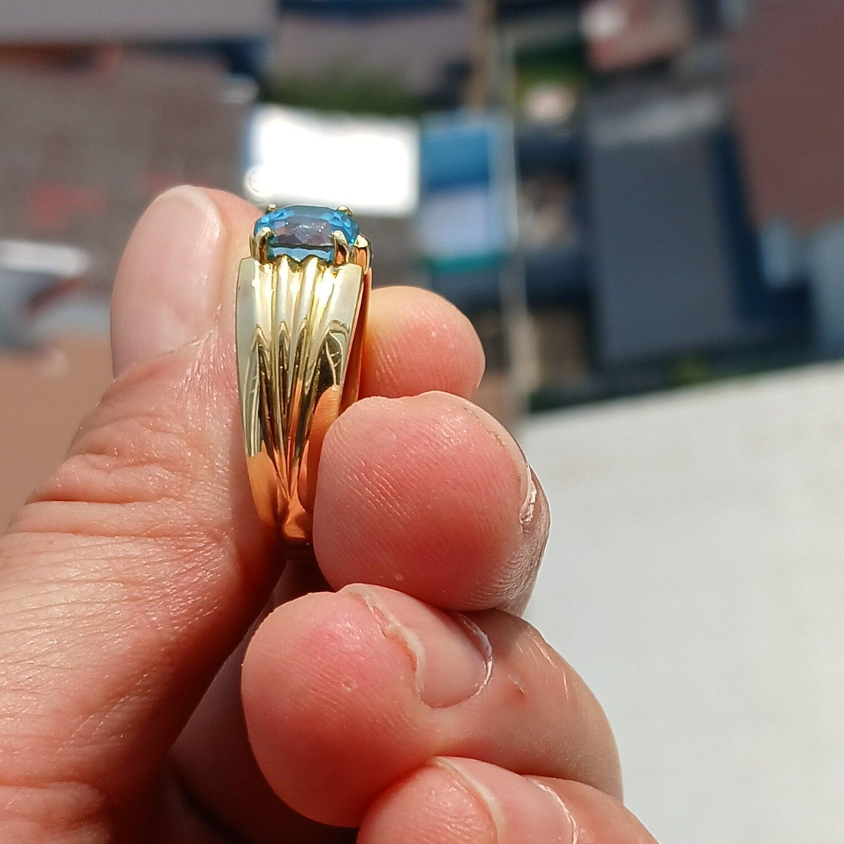 18K Yellow Gold Ring, Blue Zircon Gold Ring, Men's 18K Gold Ring, Men's Ring, oval Blue Zircon, Minimalist Gold Ring, Gift for Him - Size 13-2