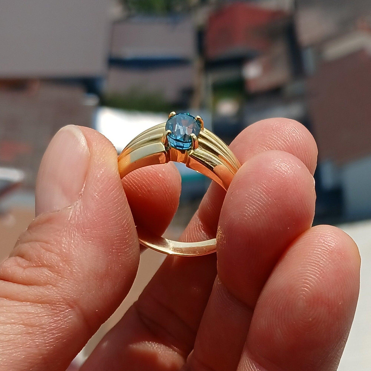 18K Yellow Gold Ring, Blue Zircon Gold Ring, Men's 18K Gold Ring, Men's Ring, oval Blue Zircon, Minimalist Gold Ring, Gift for Him - Size 13-4