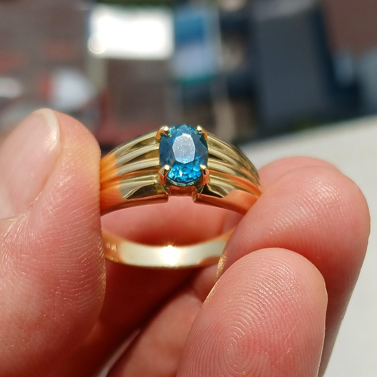 18K Yellow Gold Ring, Blue Zircon Gold Ring, Men's 18K Gold Ring, Men's Ring, oval Blue Zircon, Minimalist Gold Ring, Gift for Him - Size 13-0