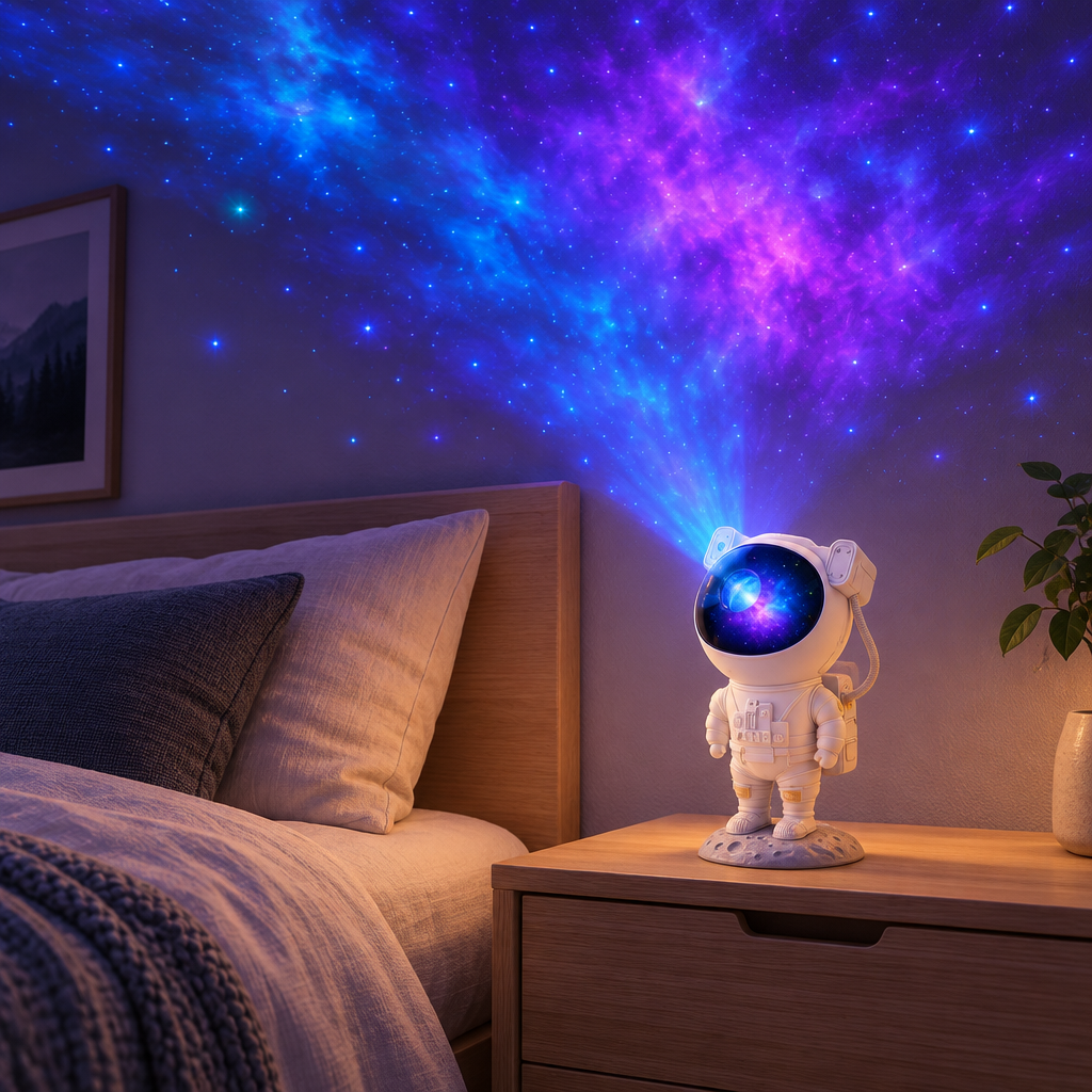 Astronautlampa som projicerar blå och lila stjärnhimmel i ett sovrum