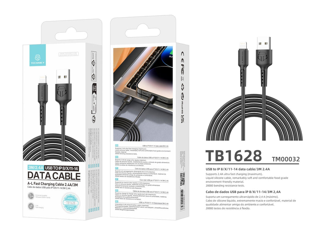 Techancy Cabo De Dados Preto TB1628, Cabo De Carregamento Rápido Usb Para Lightning, 3 M/2,4 A, Compatível Com Iphone/Ipad-4