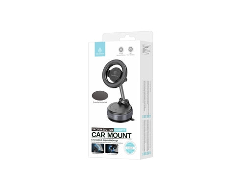 Black magnetic car mount with a vacuum suction base, featuring a rotating arm and strong magnet for secure device hold.