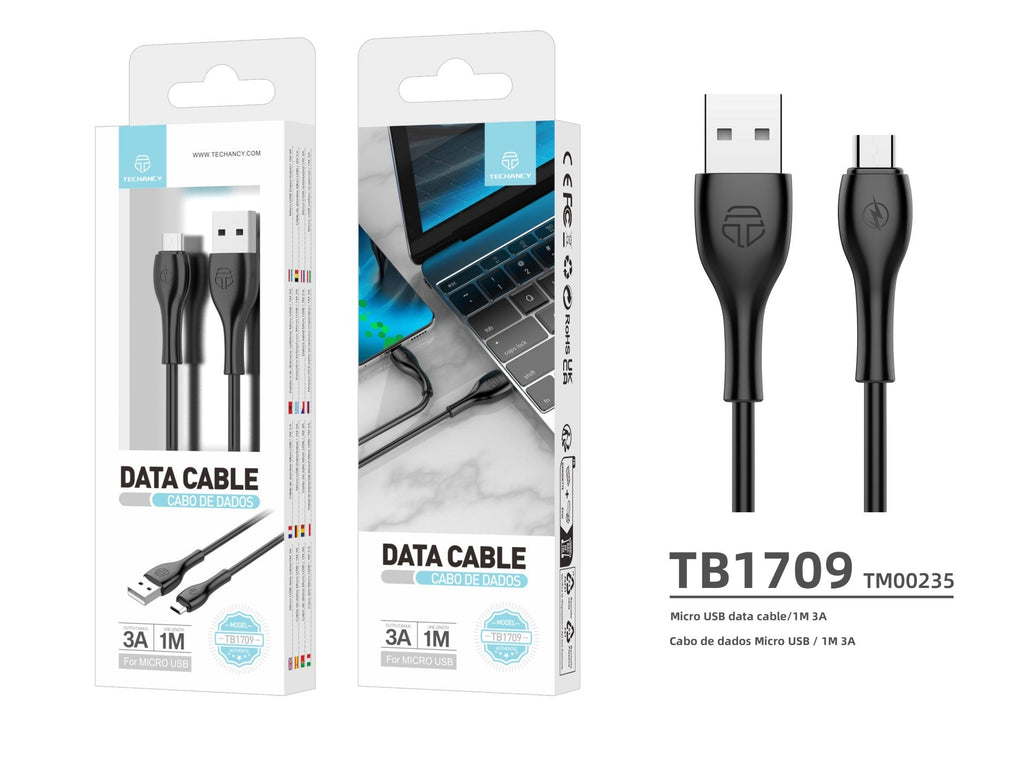 Techancy Cabo De Dados Rápido 3a TB1709, Conetor Usb-Micro, 1 Metro De Comprimento Para Transferência De Dados, Preto-2