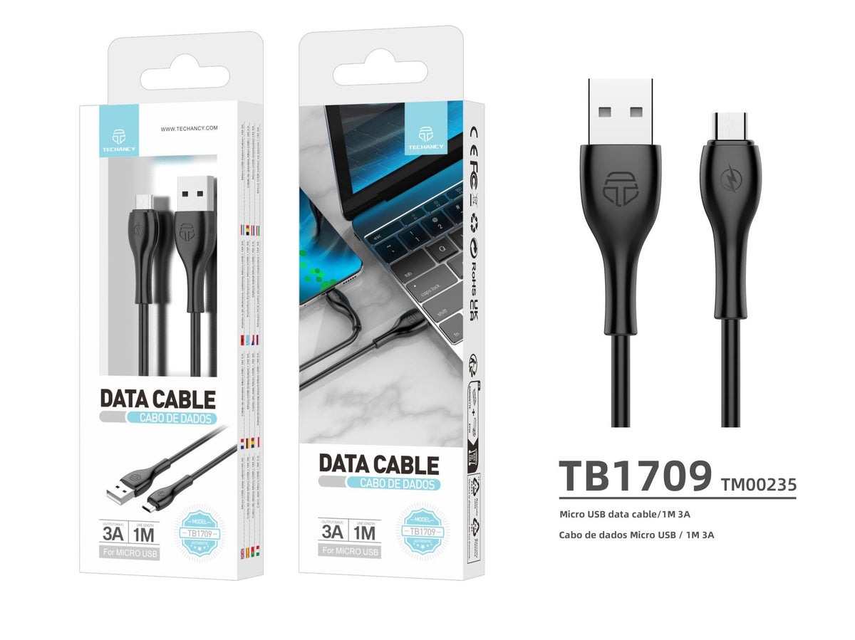 Techancy Cabo De Dados Rápido 3a TB1709, Conetor Usb-Micro, 1 Metro De Comprimento Para Transferência De Dados, Preto-2