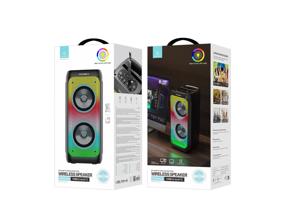 Techancy Altifalante Bluetooth Sem Fios  TH2637, Altifalante De 2*4 Polegadas, Som Estéreo Tws, Ritmos De Luz Led,-1