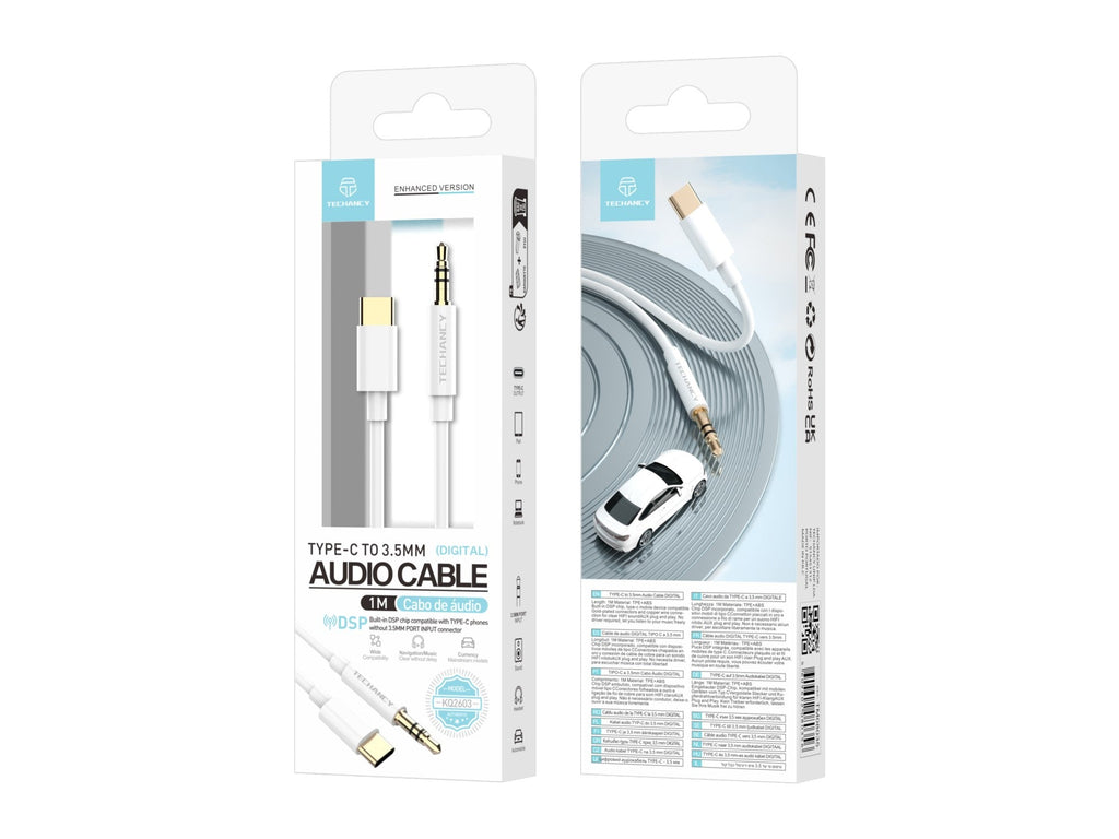 Techancy Automotive Aux Audio Cable  KQ2602, Tipo-C Para 3,5 Mm, 1 Metro, Qualidade De Som Hifi,Branco-1