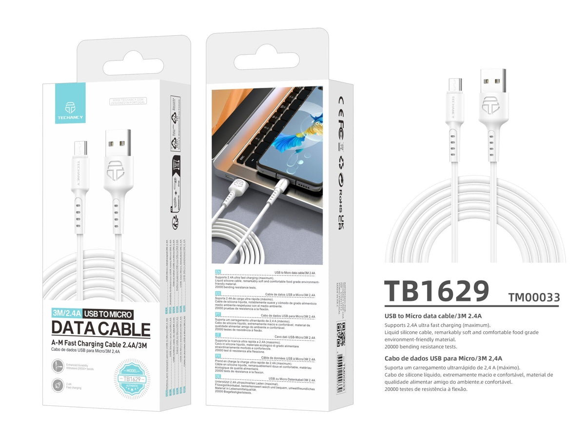 Techancy Cabo De Dados Branco TB1629, Cabo De Carregamento Rápido Usb Para Micro, 3 M/2,4 A, Compatível Com Dispositivos Android-4
