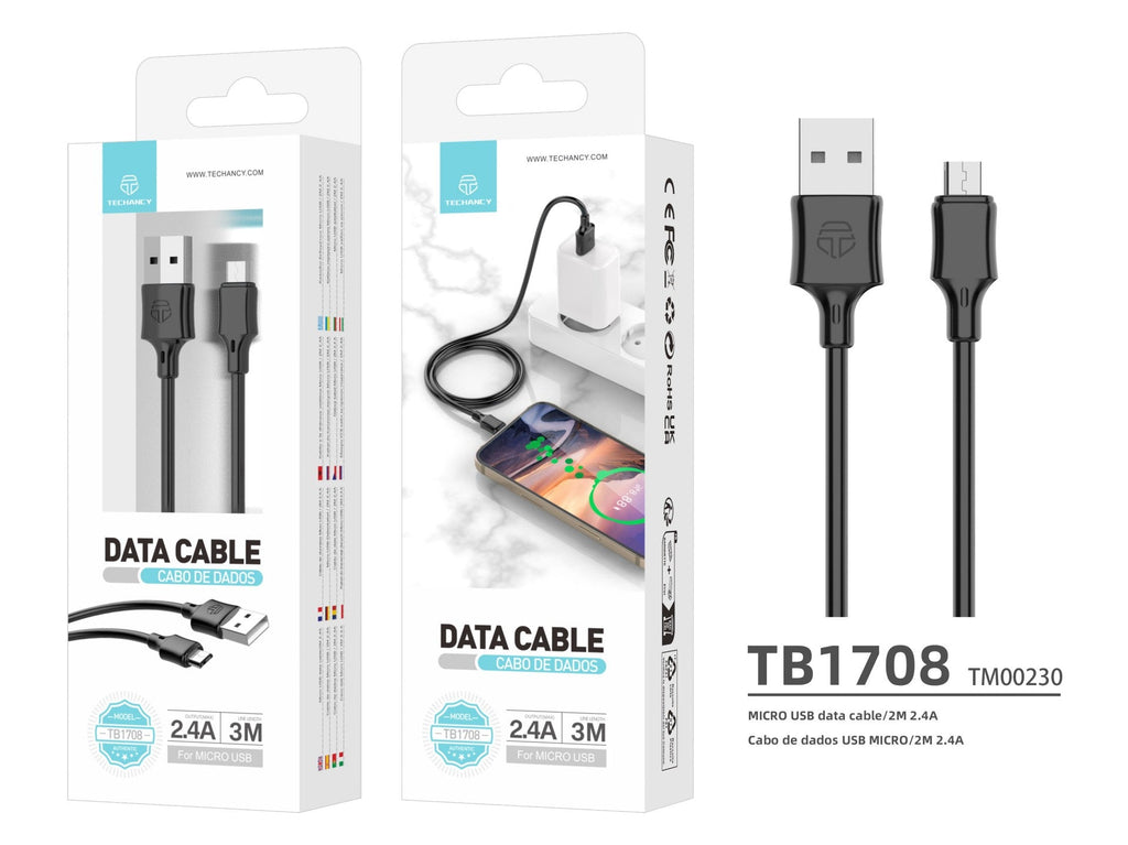 Techancy Cabo De Carregamento 3m Usb-Micro Preto TB1708, Carregamento Rápido De 2,4 A, Carregamento De Longo Alcance 3m-3