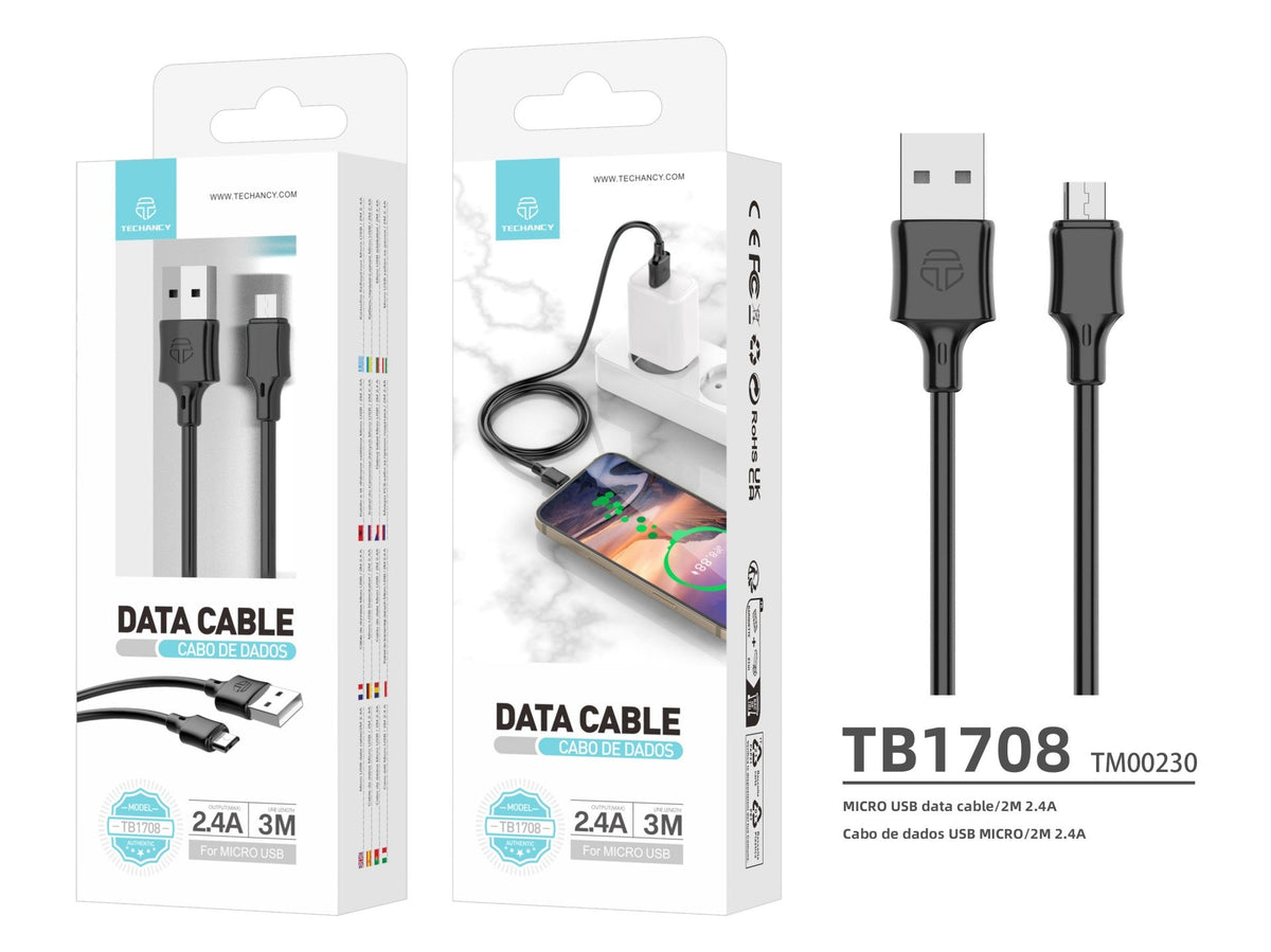 Techancy Cabo De Carregamento 3m Usb-Micro Preto TB1708, Carregamento Rápido De 2,4 A, Carregamento De Longo Alcance 3m-3