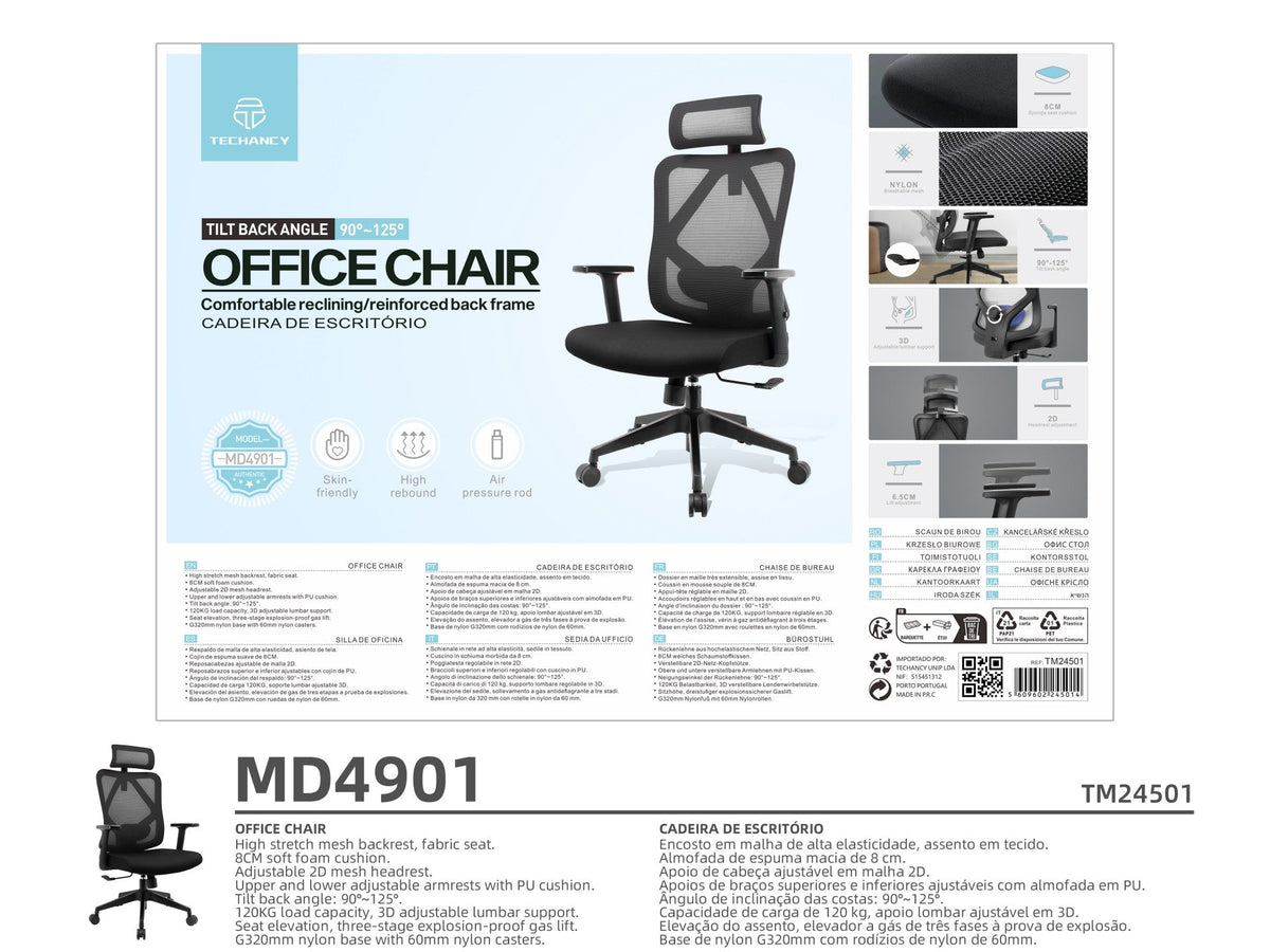 Techancy Cadeira De Escritório Para Computador Preta MD4901, Assento Em Tecido, Apoio Lombar Curvo, Ângulo Ajustável 3d,-4