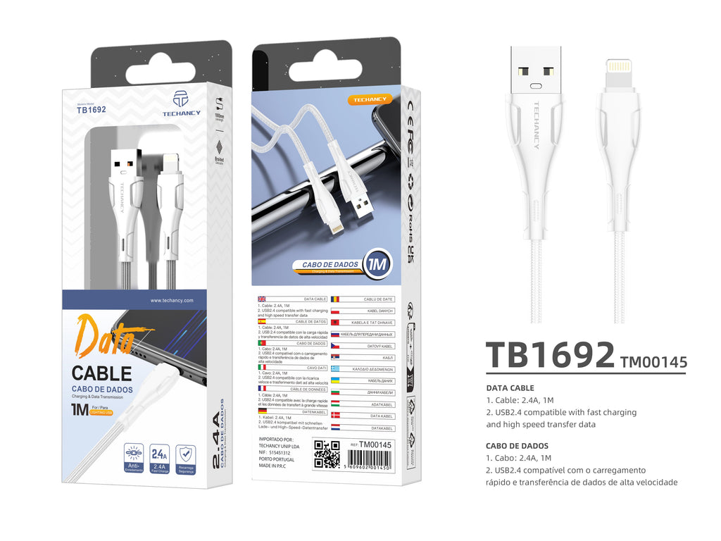 Techancy Cabo De Dados Trançado Usb-Ip8/X/11-14 Branco TB1694, Carregamento De 2,4 A, Transferência De Dados Compatível-2