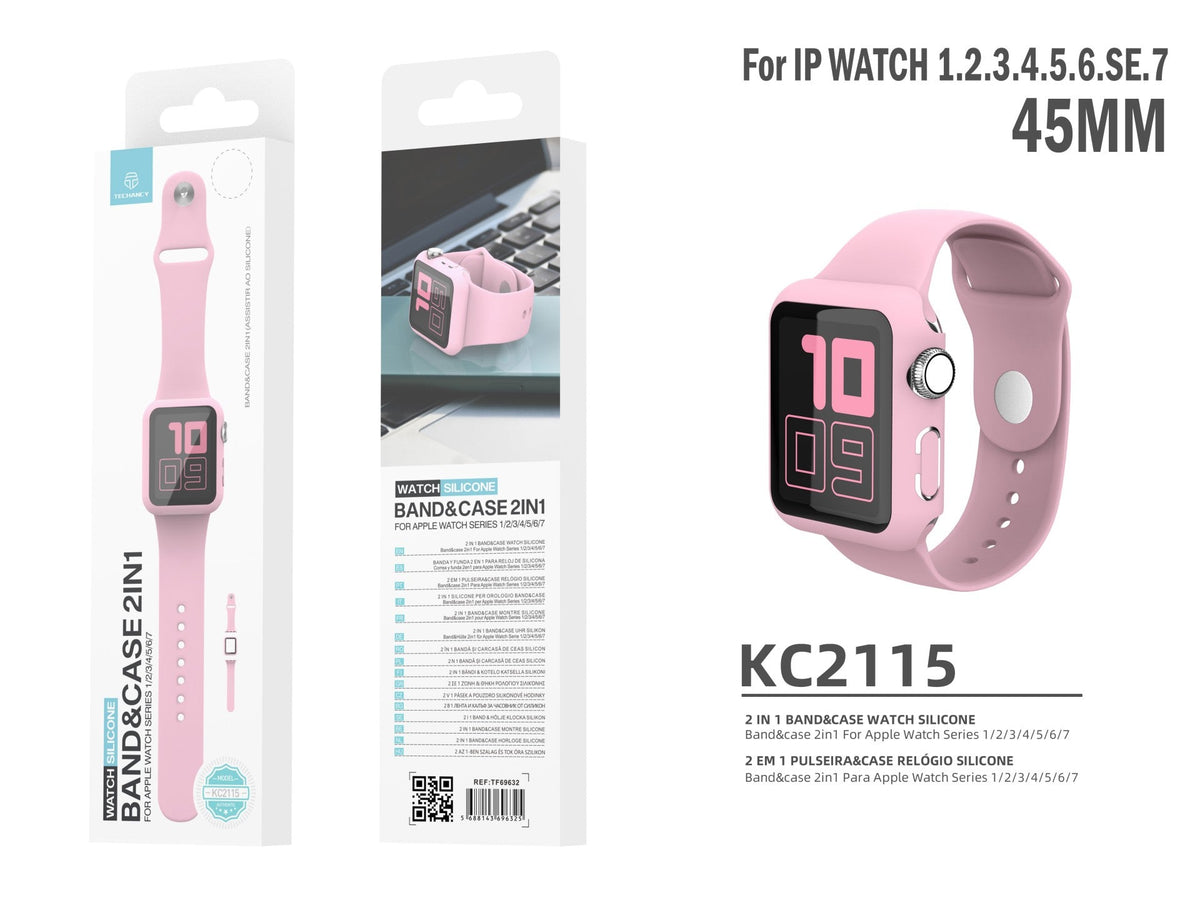 Pulseira de silicone para relógio Techancy, KC2115, pulseira com protetor de ecrã, compatível com Apple Watch 45 mm, rosa-2
