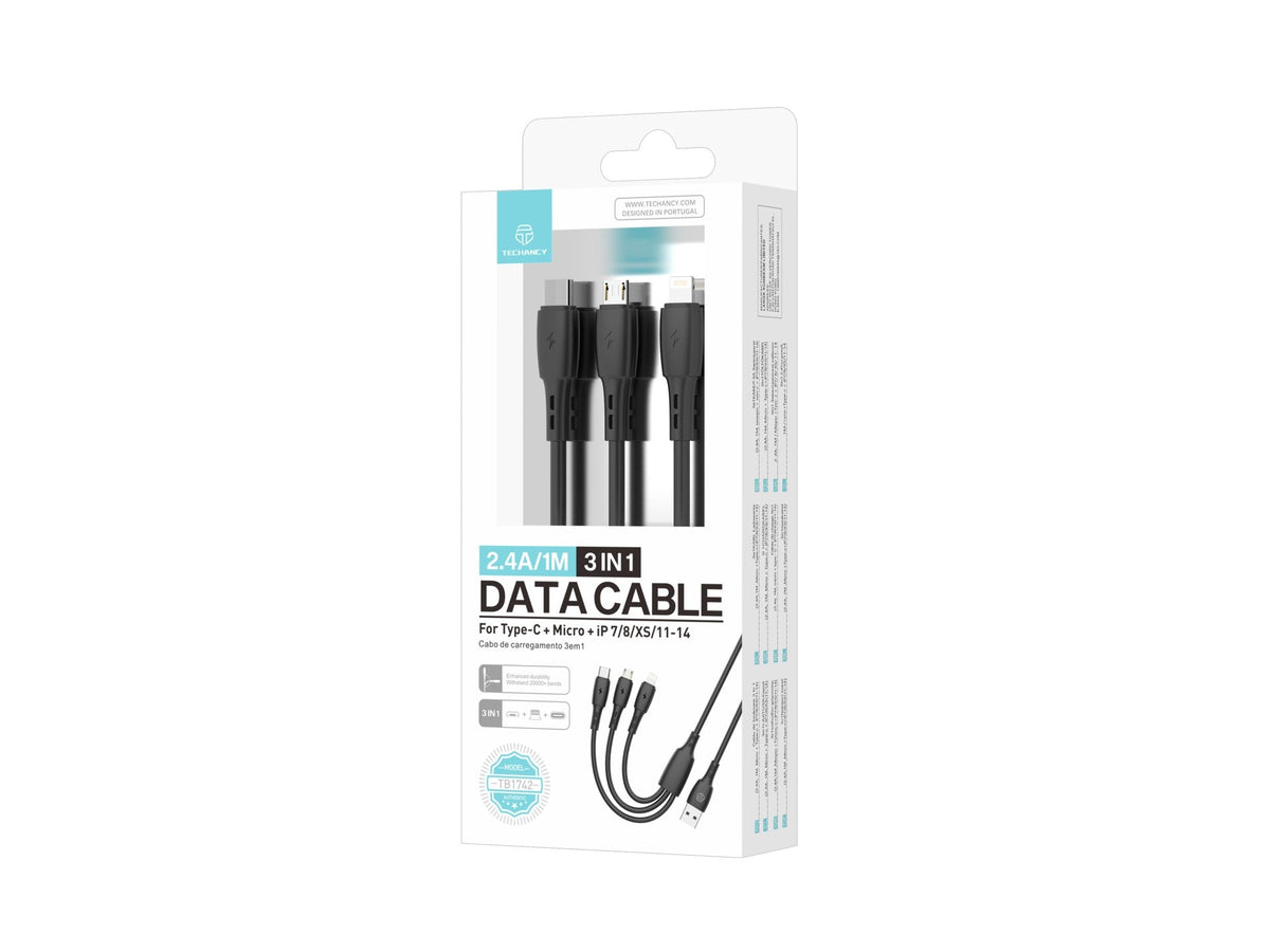 Techancy Cabo 3 em 1 TB1742, 2.4A, 1m Preto, USB-C/Micro/Lightning, CompatIvel com Dispositivos Diversos, Design Resistente-2