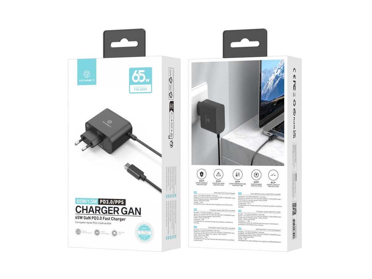 Techancy Carregador Rápido GaN USB-C de 65W TL7347, pequeno e portátil, compatível com vários dispositivos-3