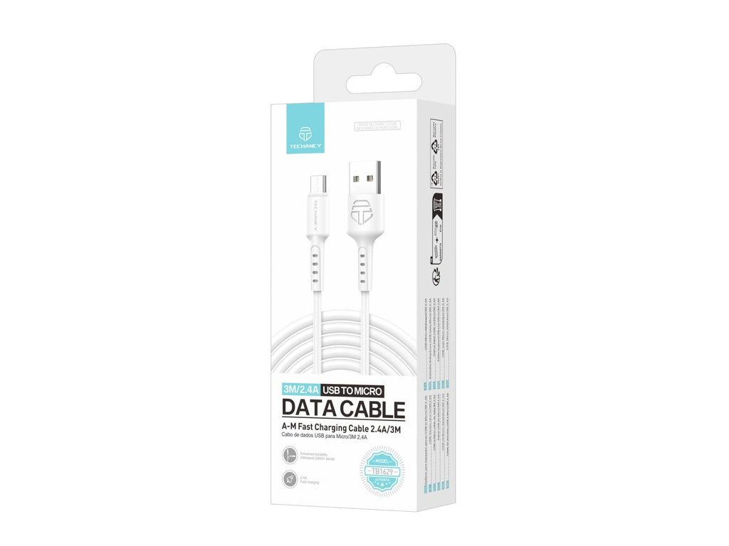 Techancy Cabo De Dados Branco TB1629, Cabo De Carregamento Rápido Usb Para Micro, 3 M/2,4 A, Compatível Com Dispositivos Android-2
