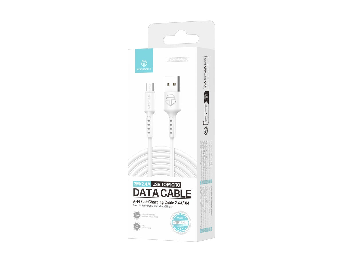 Techancy Cabo De Dados Branco TB1629, Cabo De Carregamento Rápido Usb Para Micro, 3 M/2,4 A, Compatível Com Dispositivos Android-2