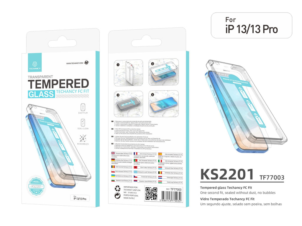 Protetor de ecrã em vidro temperado Techancy, capa à prova de poeira com instalação rápida, sem bolhas, KS2201, compatível com iPhone 13/13 Pro, cor transparente-1