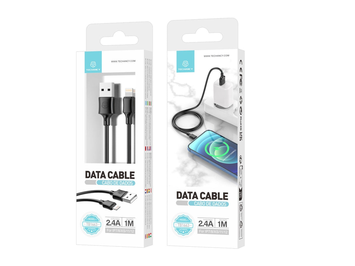 Techancy Cabo De Dados Usb-Lightning 1m Preto TB1671, Carregamento 2.4A, Compatível Com Iphone/Ipad-1