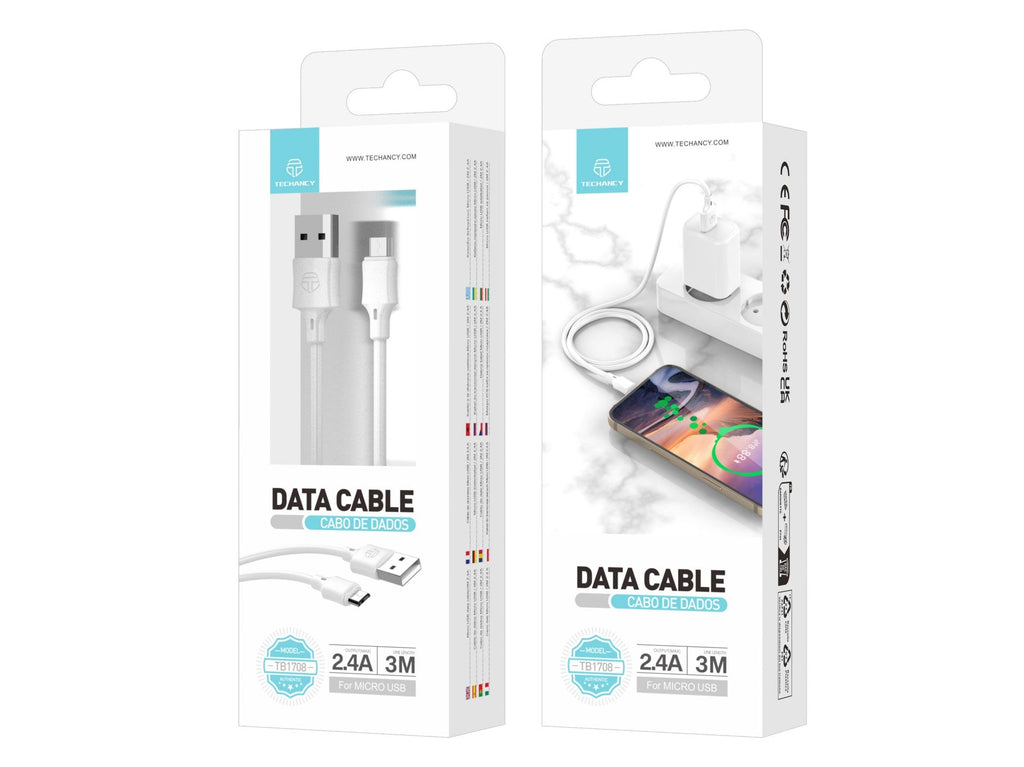 Techancy Cabo De Carregamento 3m Usb-Micro Branco TB1708, Carregamento Rápido De 2,4 A, Carregamento De Longo Alcance 3m-2
