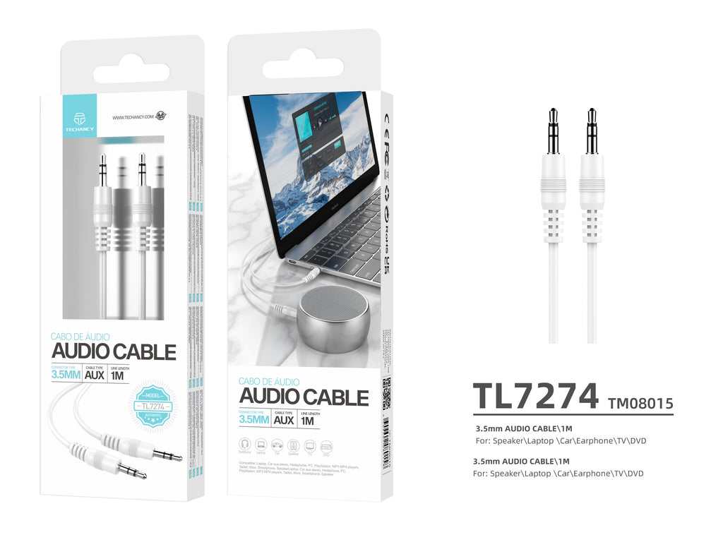 Techancy Cabo De Áudio De 3,5 Mm Branco  TL7274, 1 Metro, Para Colunas, Computadores, Automóveis, Auscultadores E Dvds, Etc.-2
