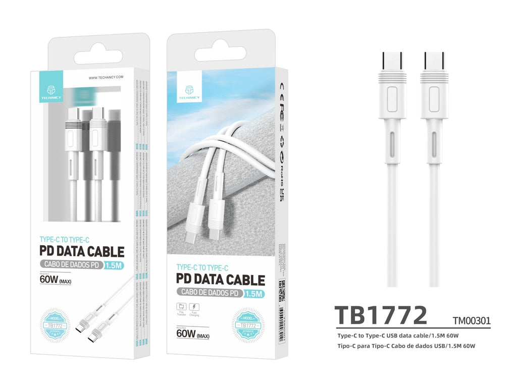 Techancy Cabo Pd De Carregamento Rápido Branco De 1,5 M TB1772, Usb C Para Porta Usb C 60w/20v-3a-3