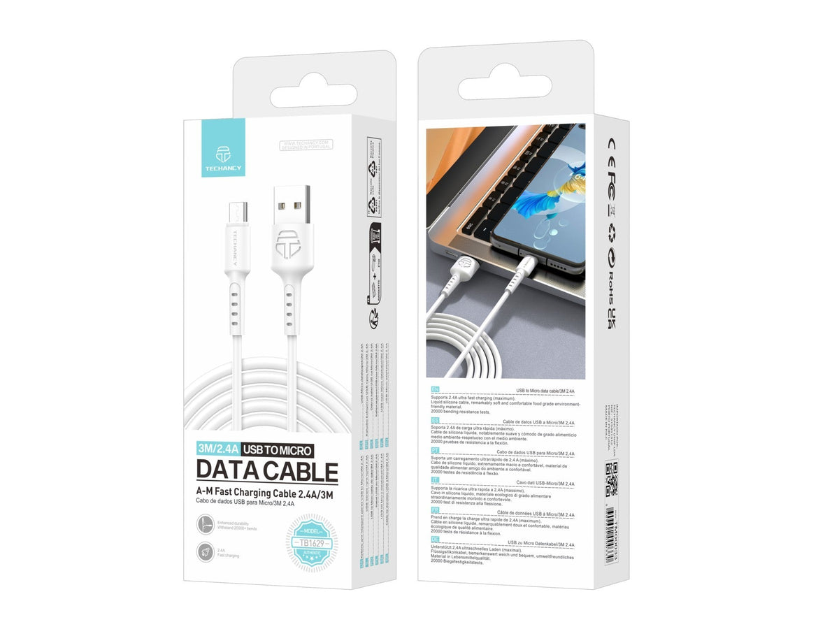 Techancy Cabo De Dados Branco TB1629, Cabo De Carregamento Rápido Usb Para Micro, 3 M/2,4 A, Compatível Com Dispositivos Android-3