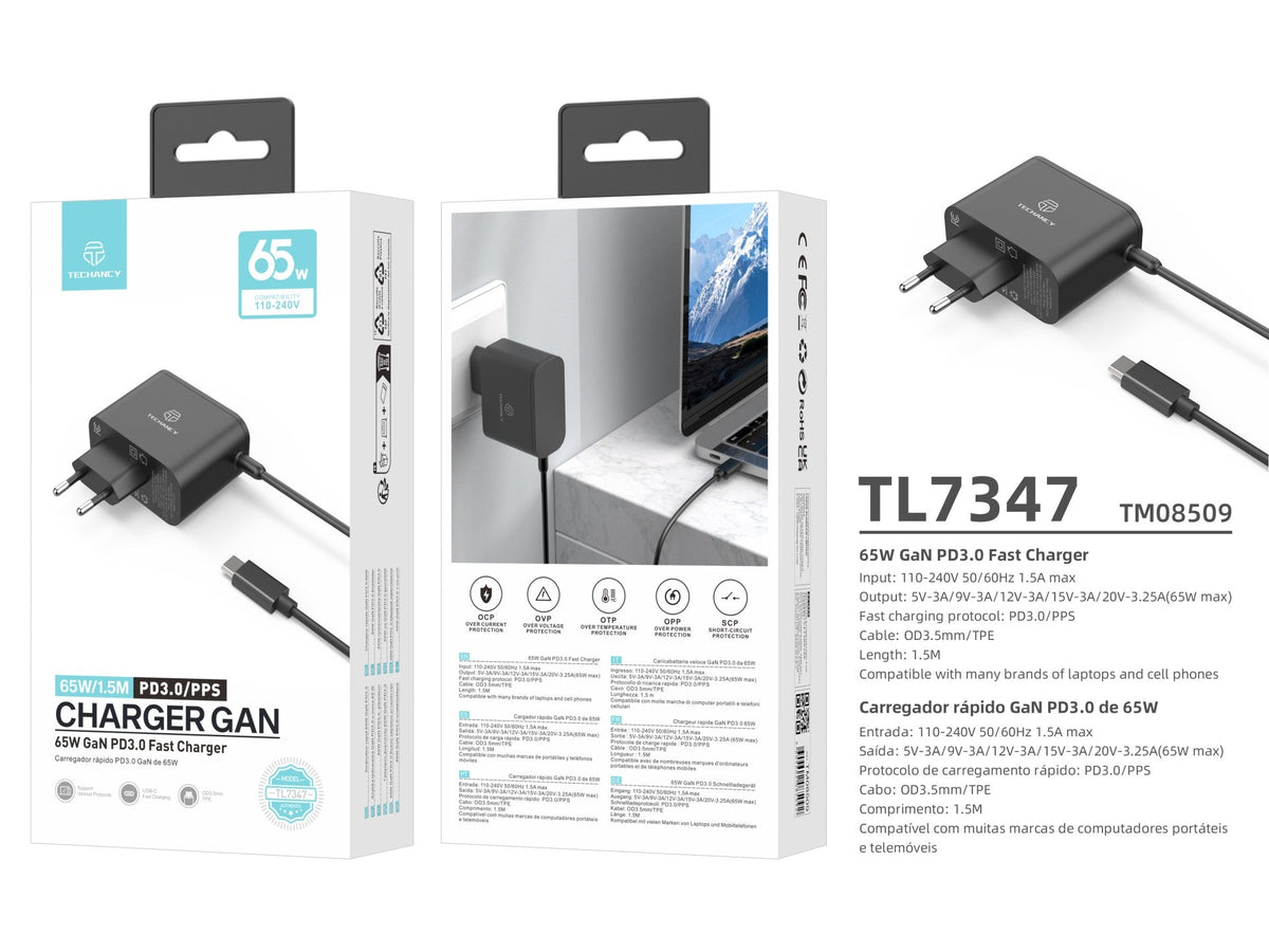 Techancy Carregador Rápido GaN USB-C de 65W TL7347, pequeno e portátil, compatível com vários dispositivos-4